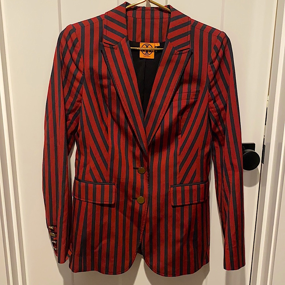 Tory Burch Red and Navy Striped Blazer-Size 6